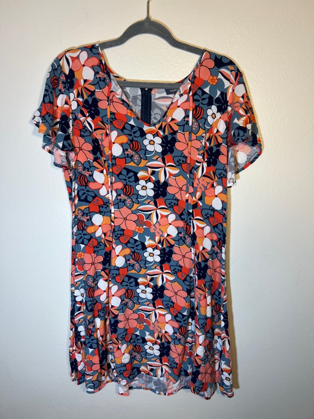 ModCloth Coral Navy Grey Floral Lightweight V-Neck Keyhole Flutter Mini Dress 14